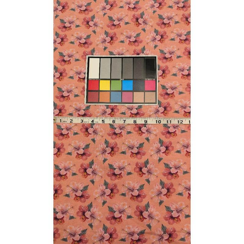 Salmon Colored Hibiscus Print Cotton Spandex Knit Fabric 62"W - 1 yd+
