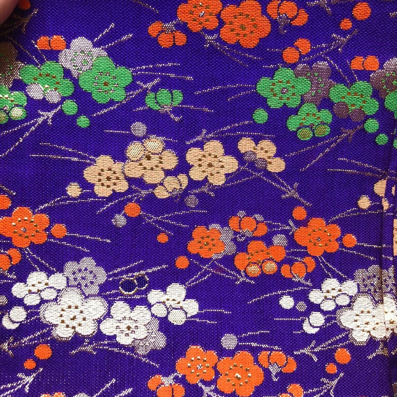 Vintage Japanese Girls Purple Floral With Metallic Thread Embroidered Obi Fabric