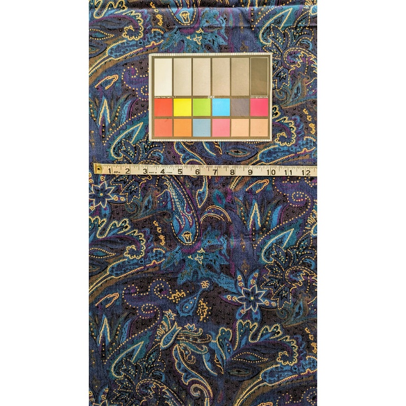 Vintage Navy Blue/Purple/Teal/Gold Paisley Print Cotton Corduroy Woven Fabric 43"W - 3 yds+
