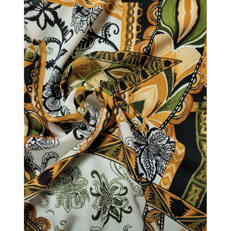 Cream /black/ gold / moss green fancy floral print crepe 3 1/2 yards