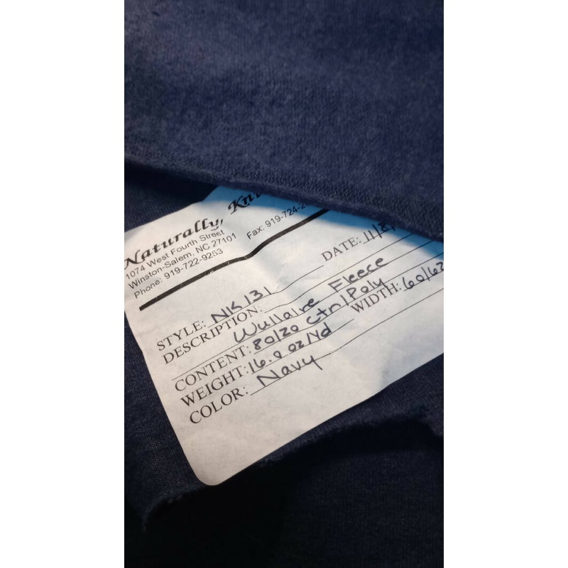 Navy Blue heavy cotton/polyester fleece, 4 yds