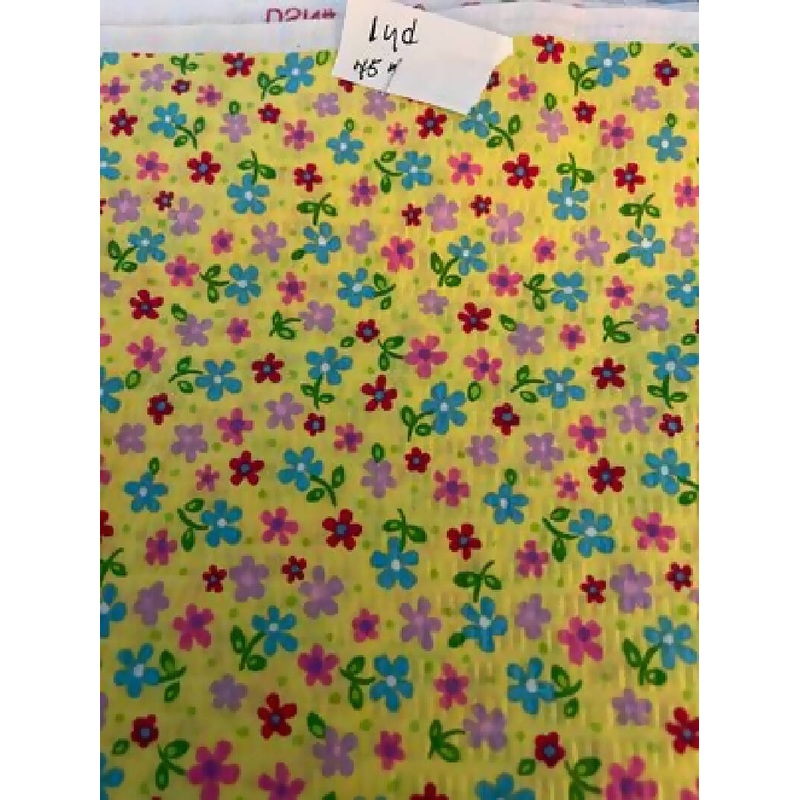 Seersucker yellow with multi color flowers 1 yd 45 wide
