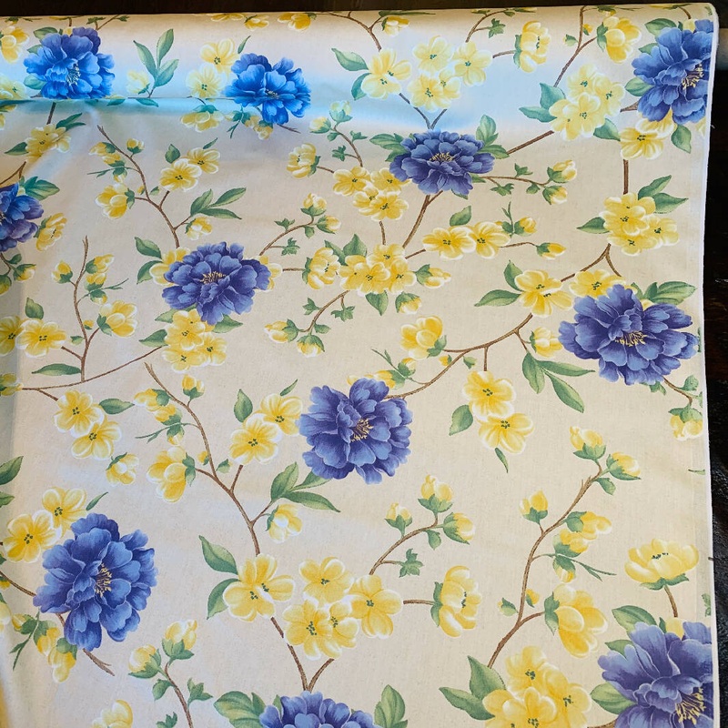 Tan, Yellow, Blue, Green and White Sateen Floral Print - Yardage