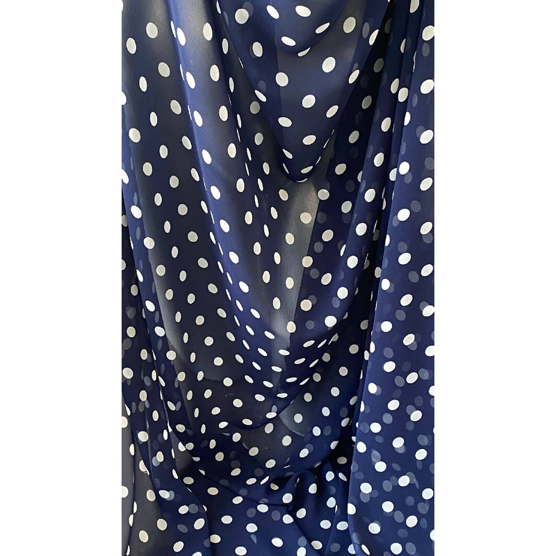White Dot on Navy Chiffon Sheer Fabric